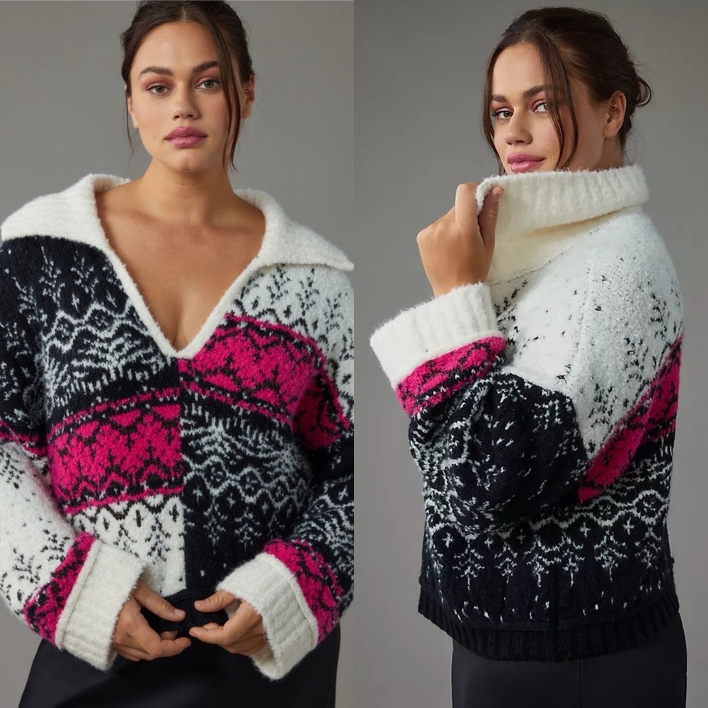 Anthropologie / Pilcro V-Neck Fuzzy Printed Popover Sweater